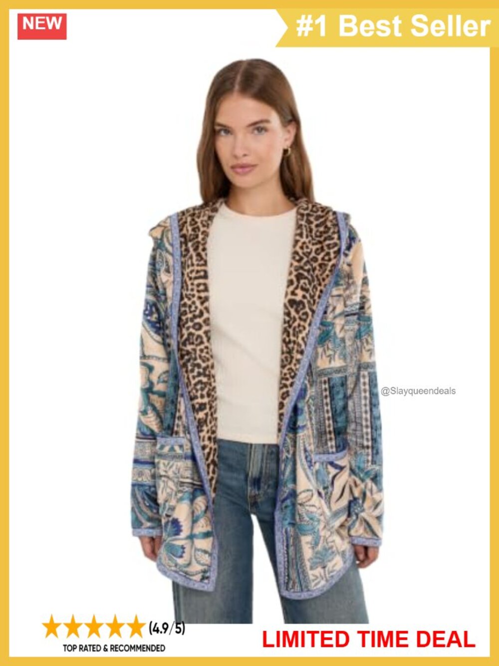Reversible Sherpa Jacket Draped Shawl Graphic Print Pull-On